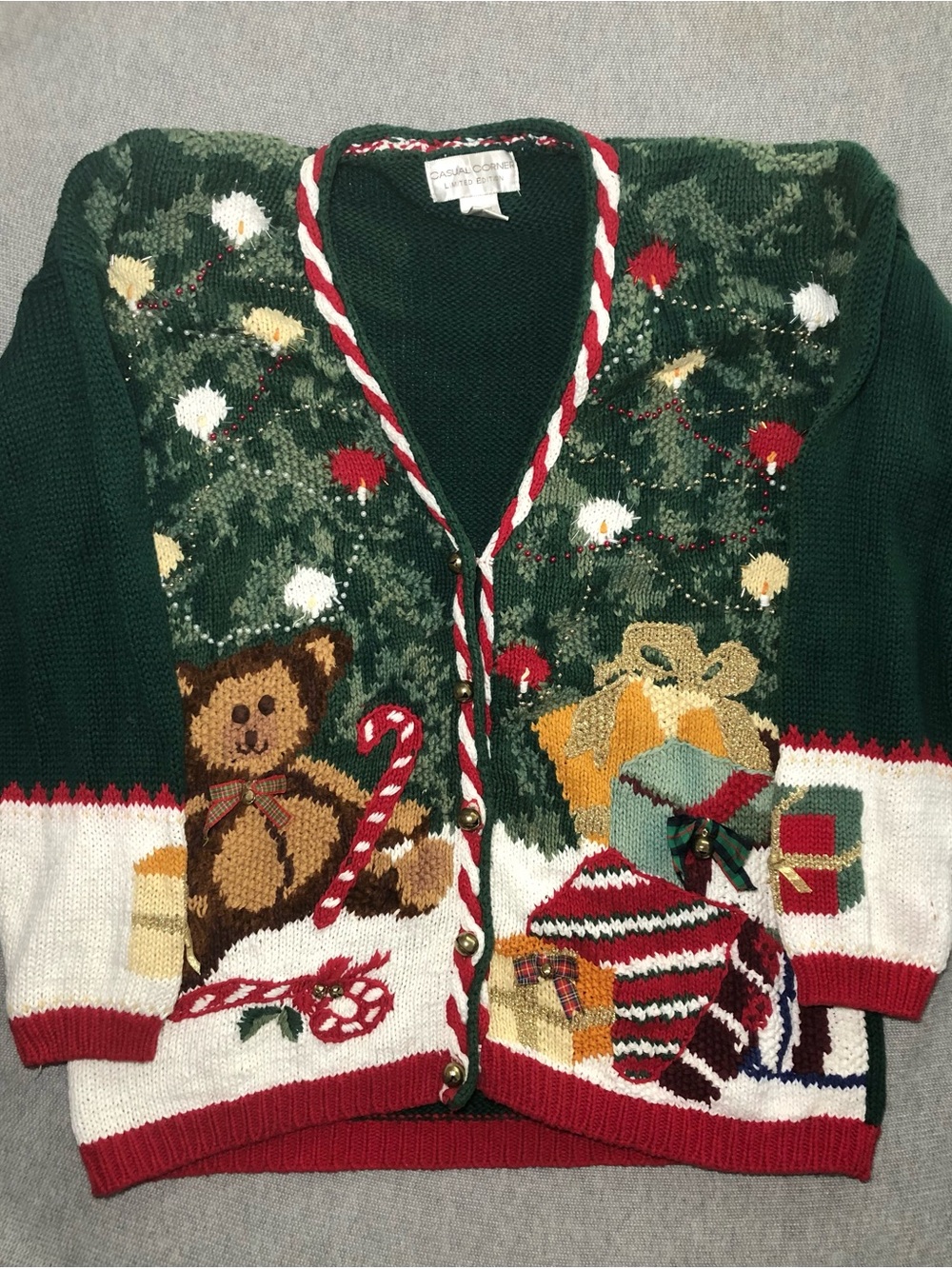 Casual Corner Xmas Cardigan Sweater M Green Teddy Bear Tree Bells 80s Vintage